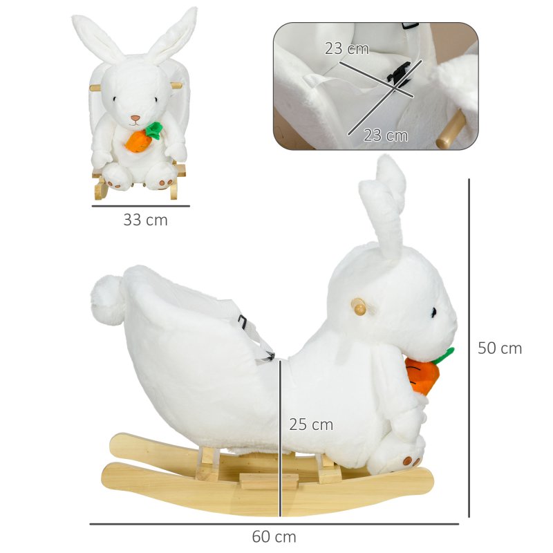 HOMCOM Kids Rocking Horse, Plush Rabbit-Shaped Baby Rocking Animal w/ Carrot Toy, Safety Harness, Realistic Sounds, Foot Pedals, for Toddlers Aged 18-36 Months - White