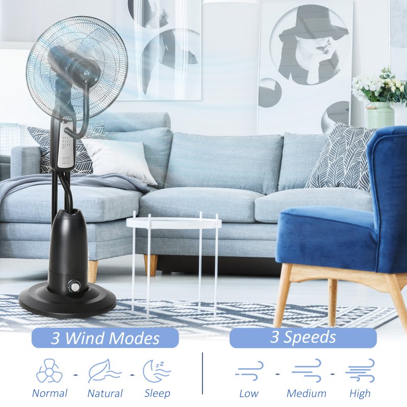 HOMCOM 18" Pedestal Fan with Water Mist Spray, Standing Fan with 3 Speeds, 2.8L Water Tank, Timer and Remote, Black