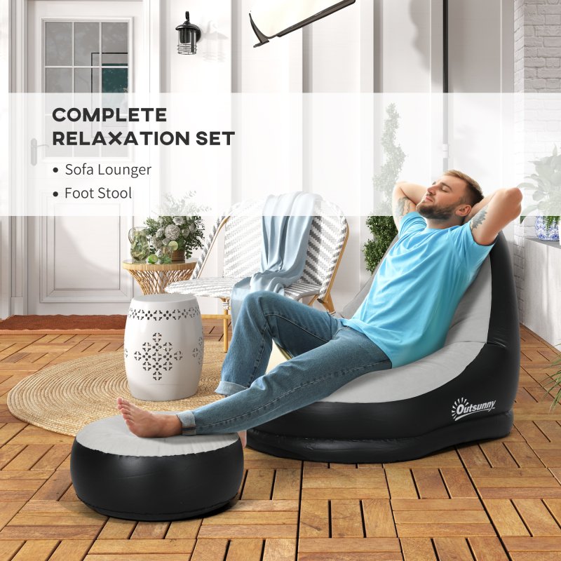 Outsunny Inflatable Chair and Footstool, Inflatable Sofa Lounger with Soft Plush Fabric and Cup Holder, for Camping, Gaming, Reading and Movie Watching, Grey