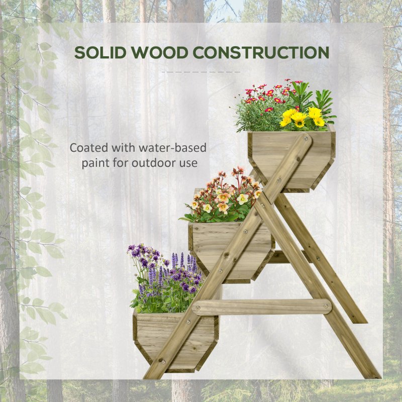 Outsunny 3 Tier 66L Raised Garden Bed Wooden Elevated Planter Box Kit for Flower, Vegetable, Herb, 65 x 75 x 76cm, Green