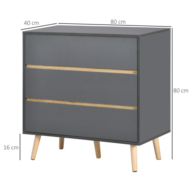HOMCOM Chest of Drawers, 3-Drawer Storage Cabinet Organiser with Wood Legs for Bedroom, Living Room, Dark Grey