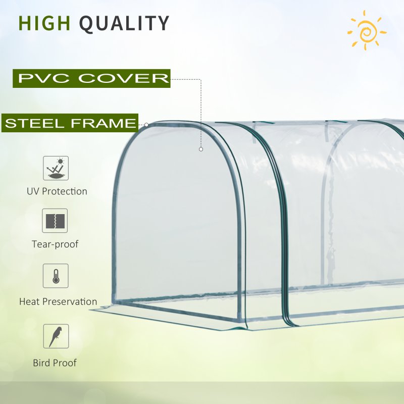 Outsunny Mini Greenhouse, Small Polytunnel Green House with Zipped Doors, Steel Frame for Garden Patio, 300 x 100 x 80cm, Clear