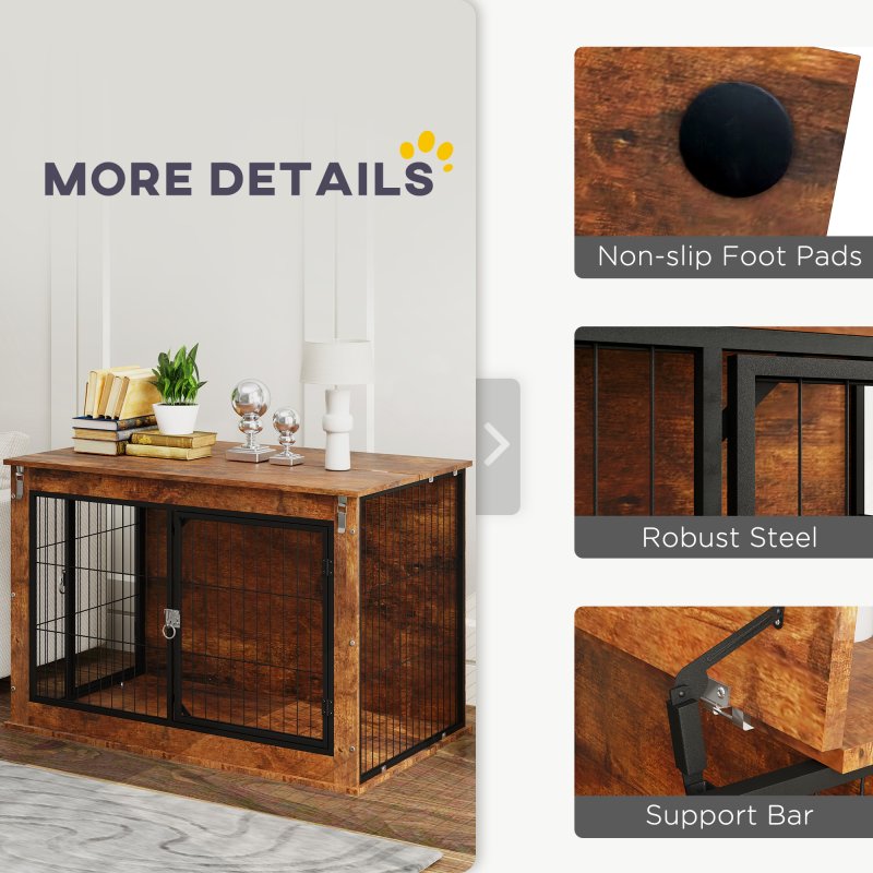 PawHut Dog Crate Furniture, Dog Cage End Table with Openable Top, Two Lockable Doors, for Large Pets, 98 x 60 x 65.5cm, Rustic Brown