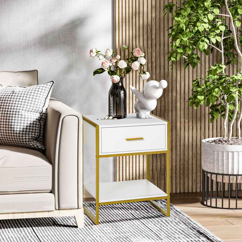 HOMCOM Bedside Table with Storage Drawer and Open Shelf, Modern Nightstand, Side Table with Metal Frame for Bedroom, Living Room, White