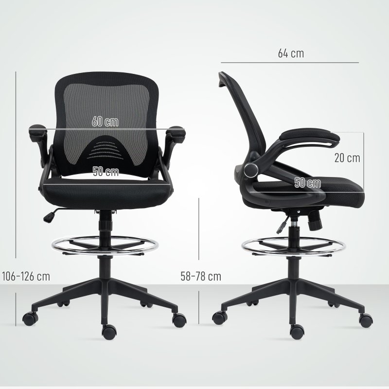 Vinsetto Drafting Chair with Flip-up Armrest, Mesh Office Stool with Foot Ring, 360 Degree Swivel Height Adjustable Chair for Standing Desk, Black
