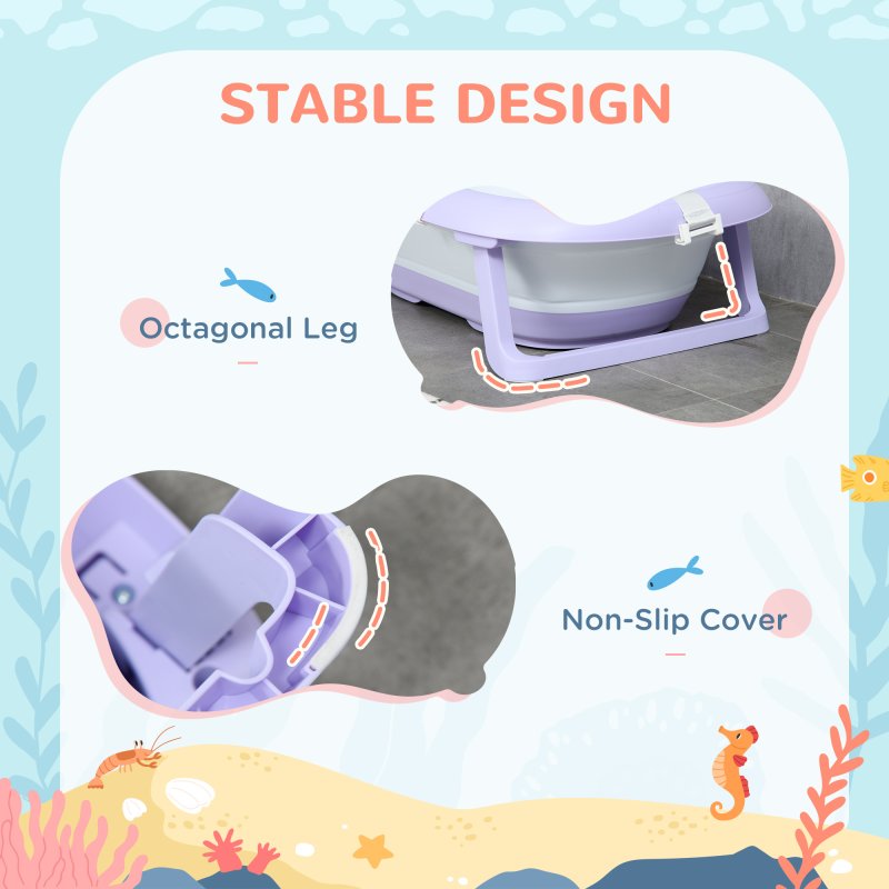 ZONEKIZ Foldable Baby Bath Tub Set, Collapsible Bathtub Antibacterial with Non-Slip Support, Cushion Pad, Shower Head Holder, for Newborn to Toddler Ages 0-6 Years - Purple