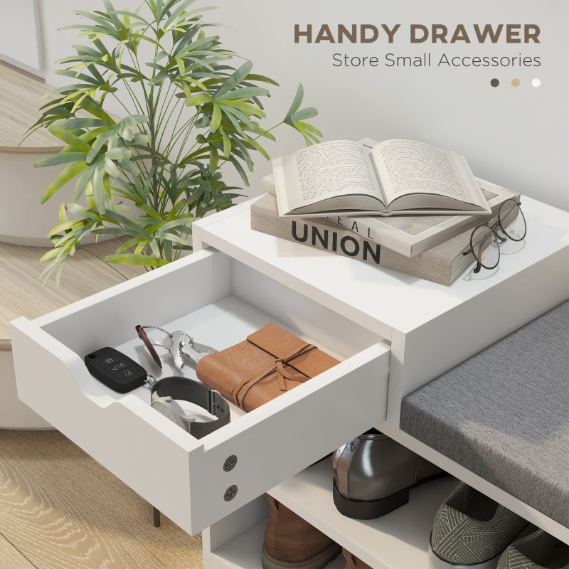 HOMCOM Shoe Storage Bench, Shoe Rack Bench with Seating Cushion, Drawer, 3 Open Compartments and Table Top for Entryway, Hallway