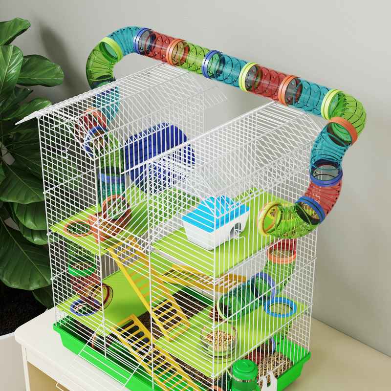 PawHut 5 Tier Hamster Cage Carrier Habitat with Exercise Wheels Tunnel Tube Water Bottle Dishes House Ladder for Dwarf Mice, Green