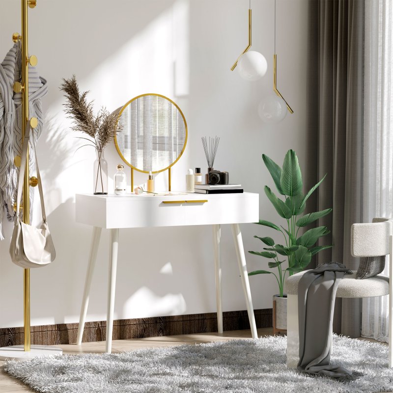 HOMCOM Modern Dressing Table with Round Mirror, Makeup Vanity Table with 2 Drawers for Bedroom, Living Room, 80 x 40 x 123 cm, White
