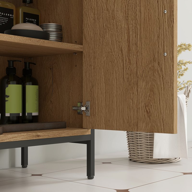 HOMCOM Under Sink Bathroom Cabinet, Industrial Freestanding Under Sink Cabinet with 2 Doors, Adjustable Shelf and Steel Frame for Basin without or with Pedestal, Oak