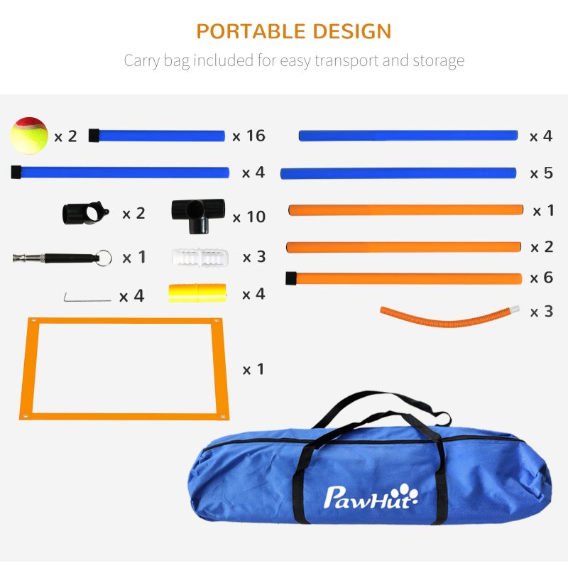 PawHut Dog Agility Training Equipment, Dog Outdoor Games with Weave Poles, Jump Ring, Pause Box, Adjustable Hurdle, Pet Obstacle Course Training Set with Carry Bag, Orange