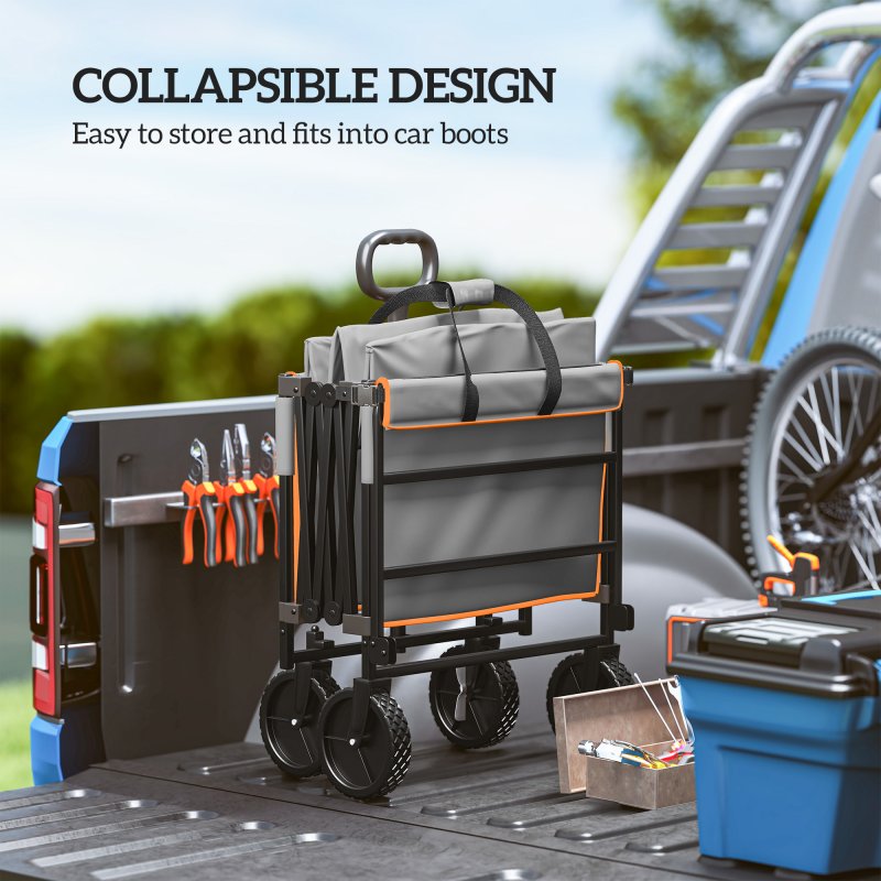 Outsunny 160L Festival Trolley on Wheels, Folding Camping Trolley Cart w/ Tailgate, 100kg Heavy Duty Garden Collapsible Folding Wagon w/Adjustable Handle, Carry Bag for Beach Picnic, Grey and Orange
