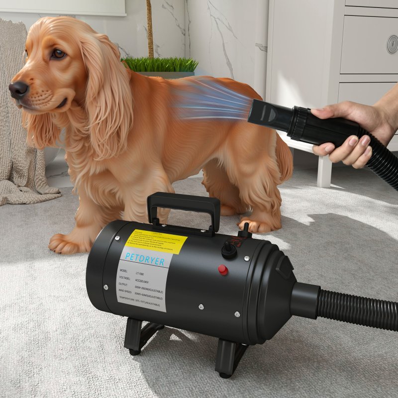PawHut Dog Hair Dryer, 2200W Pet Grooming Hair Dryer with Adjustable Temperature & Velocity, Professional Low Noise Dog Blaster with 3 Different Nozzles, Black