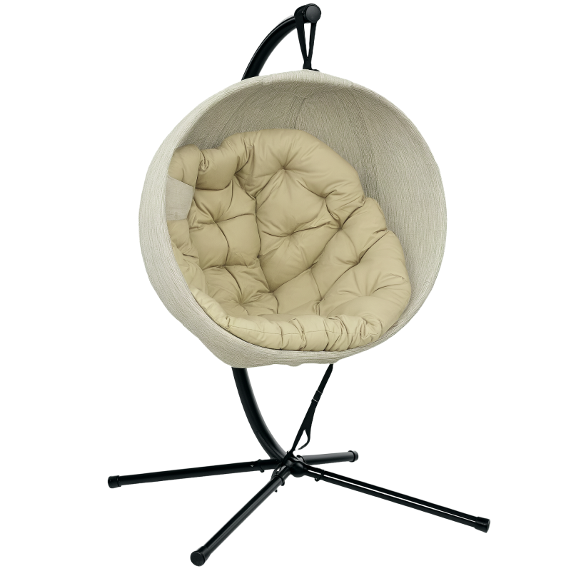 Outsunny Hanging Egg Chair Outdoor Indoor Garden Swing Chair with Folding Basket, Garden Hanging Chair with Stand, Thickened Cushion, Cup Holder for Patio, Balcony, Khaki