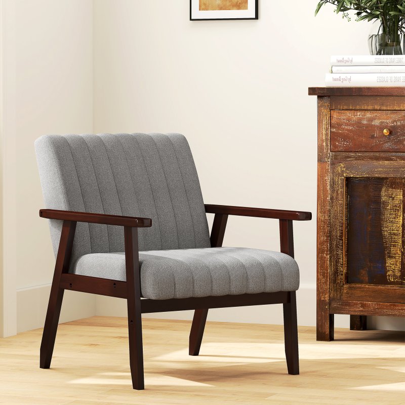 HOMCOM Fabric Accent Chair, Modern Tufted Armchair for Bedroom, Living Room, Upholstered Lounge Chair with Wood Legs, Grey