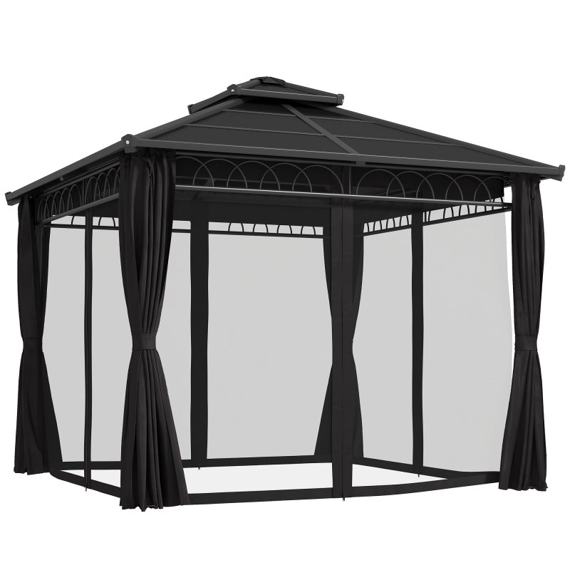 Outsunny 3 x 3 (m) Outdoor Polycarbonate Gazebo, Double Roof Hard Top Gazebo with Galvanised Steel Frame, Nettings & Curtains for Garden, Lawn, Patio and Deck, Dark Grey