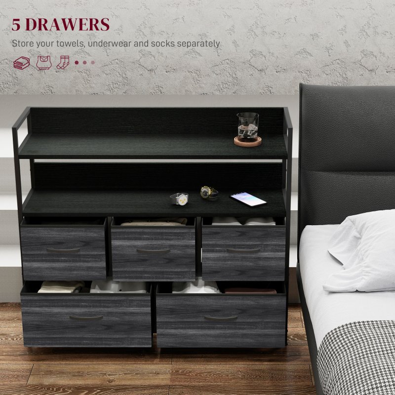 HOMCOM Bedroom Chest of Drawers, Fabric Dresser with 5 Drawers, Storage Organiser Unit with Open Shelves and Metal Frame for Living Room, Entryway