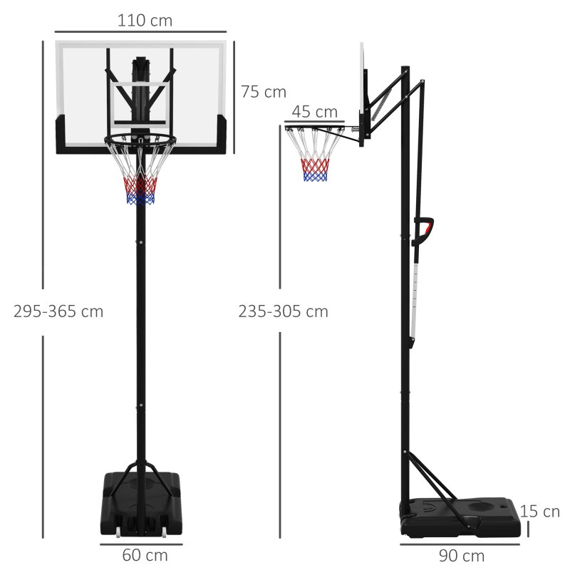 SPORTNOW Portable Basketball Hoop and Stand, Six-Level Height with Quick Lift, Shatter-Resistant Backboard and Wheels, Freestanding Basketball Hoop System for Junior, Adults - 2.35-3.05m