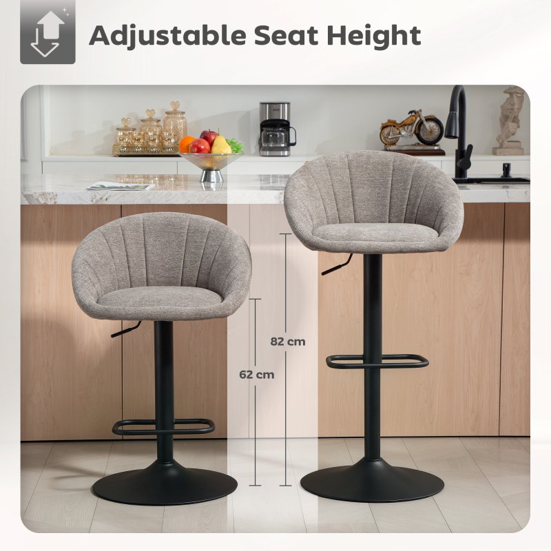 HOMCOM Bar Stools Set of 2, Swivel Barstools, Height Adjustable Breakfast Bar Chairs with Backrest and Footrest for Kitchen Island Counter, Dining Room, Grey
