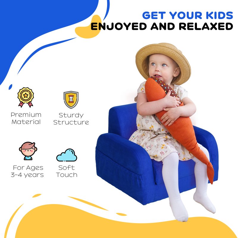 HOMCOM Children's Armchairs Kids Toddler Sofa Chair 2 In 1 Sofa Bed Folding Couch Soft Flannel Sponge Playroom Bedroom Living Room Blue
