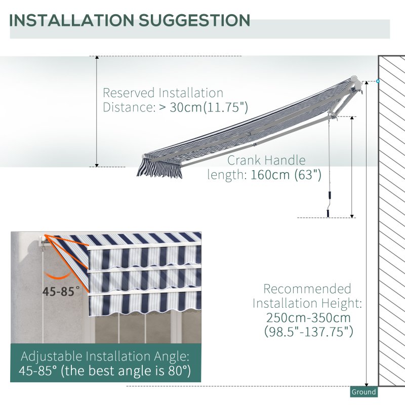 Outsunny 4 x 3(m) Garden Patio Manual Awning Canopy Aluminium Sun Shade Shelter Retractable for Backyard, Blue and White