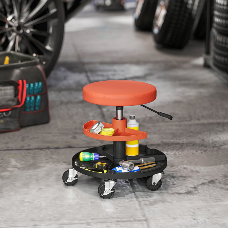HOMCOM Rolling Mechanic Stool, 135kg Capacity Workshop Stool, 360?? Swivel Roller Padded Creeper Seat with Wheels, Tool Trays Storage for Garage, Shop, Auto Repair, Yellow