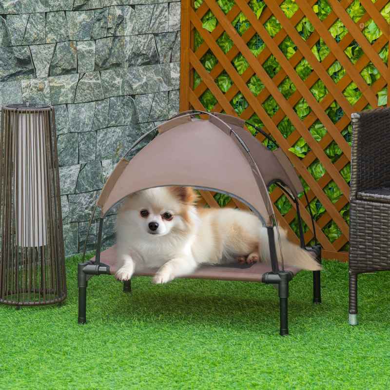 PawHut Raised Dog Bed Waterproof Elevated Pet Cot with Breathable Mesh UV Protection Canopy Brown, for Small Dogs, 61 x 46 x 62cm