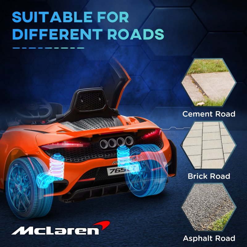AIYAPLAY McLaren 765LT Licensed Electric Car for Kids with Butterfly Doors, 12V Kids' Electric Ride on with Remote Control, Transport Wheels, LED Lights, MP3 Music, Horn, for 3-6 Years, Orange