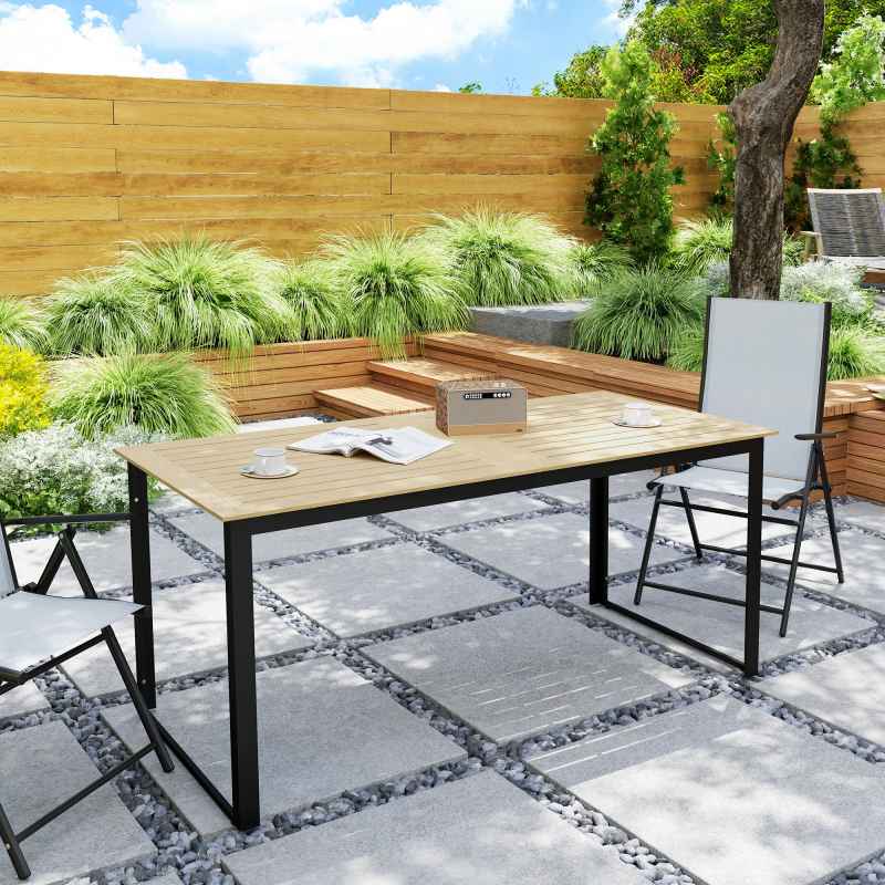 Outsunny Garden Table for 6 People, 175 x 78 x 75 cm Rectangle Outdoor Dining Table with Slatted Top, Metal Frame, for Balcony, Deck, Teak