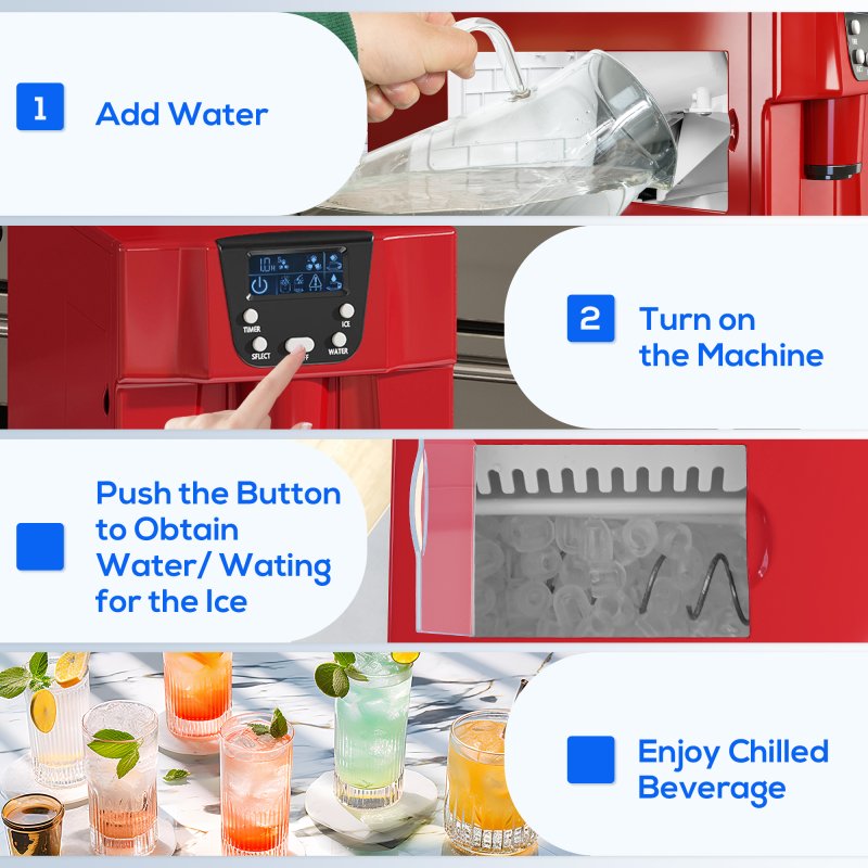 HOMCOM 3L Ice Maker Machine and Water Dispenser, 12kg in 24H, 2 Size Options 9 Ice Cubes Ready in 6-10 Mins Countertop Ice Machine for Home, Kitchen, Office, Bar, Red