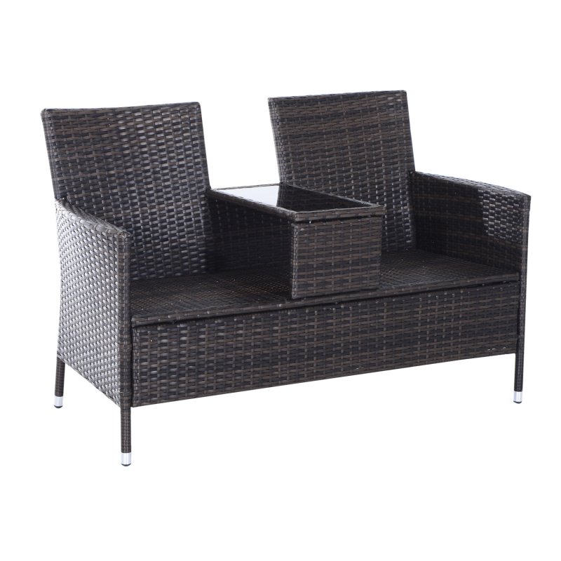 Outsunny 2 Seater Rattan Sofa with Cushions, Wicker Garden Loveseat with Armrests, Outdoor Garden Sofa Couch with Metal Frame for Patio, Brown