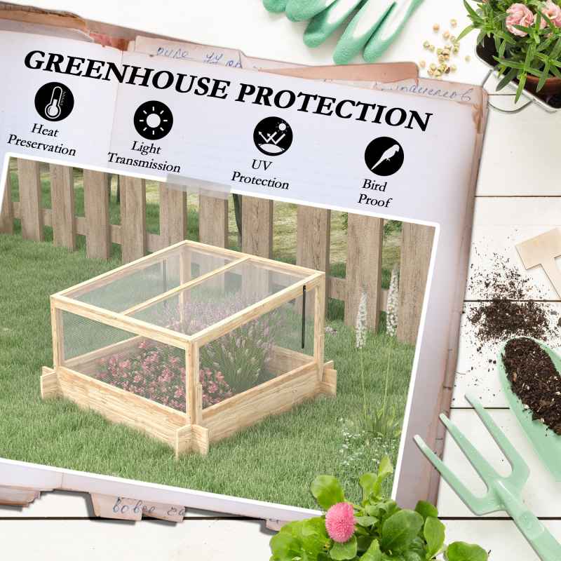 Outsunny Outdoor Raised Garden Bed with Cold Frame Greenhouse and Openable Top, Wooden Elevated Planter Box for Vegetables, Flowers and Herbs, 98x98x63.5cm