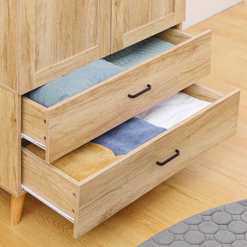 HOMCOM 2 Door Wardrobe, Modern Wardrobe with 2 Drawers and Hanging Rail for Bedroom, Flats, Natural