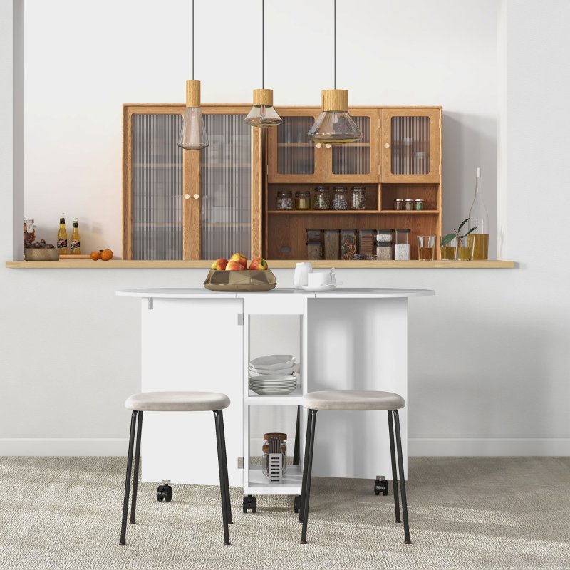 HOMCOM Mobile Folding Dining Table, Drop Leaf Table for Small Spaces with 2-tier Shelves, Small Kitchen Table With 6 Wheels, White