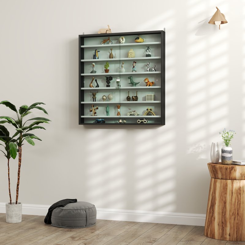 HOMCOM 7-Tier Wall Mounted Display Cabinet, Display Case with 6 Adjustable Shelves, Glass Doors for Home Office Ornaments 83x80cm, Black and White