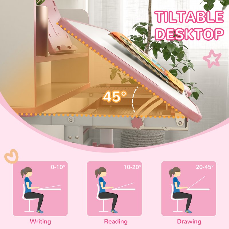 ZONEKIZ Kids Desk and Chair Set, Height Adjustable Children School Study Table with Drawer, Bookshelf, Adjustable Angle Tabletop, Non-slip Mat, for Ages 6-12 Years - Pink