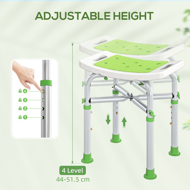 HOMCOM Shower Chair for the Elderly and Disabled, Adjustable Padded Shower Stool with Built-in Handle and Non-slip Suction Foot Pads, Green