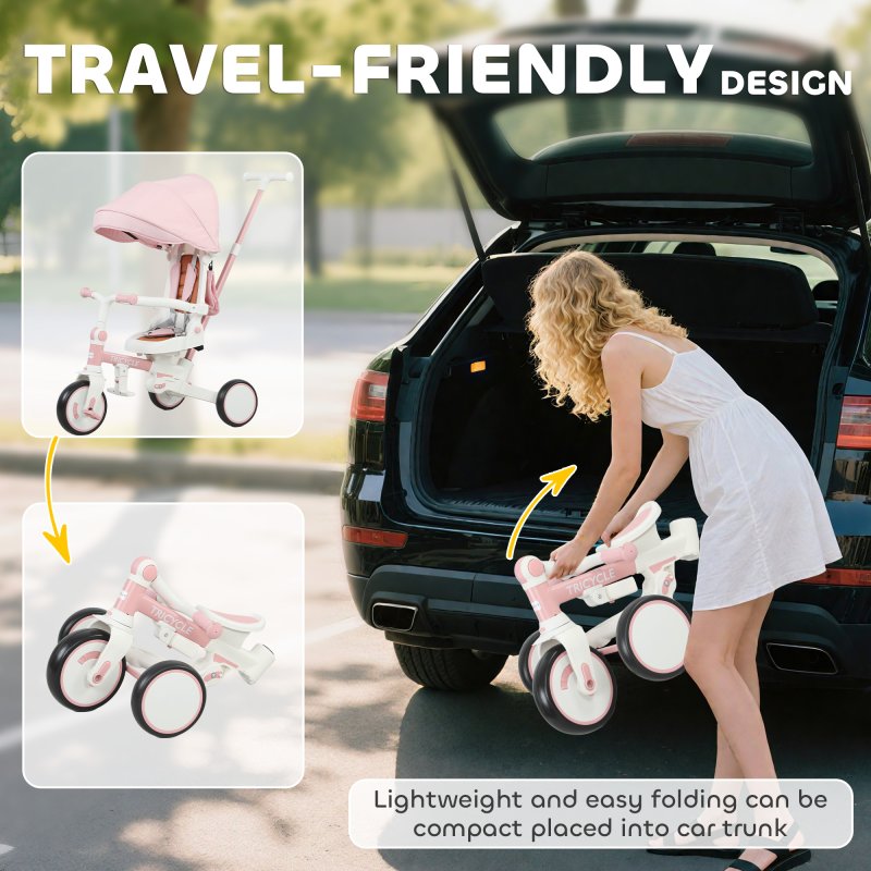 AIYAPLAY Kids Trike, Foldable Toddler Tricycle 5 in 1 with Adjustable Parent Handle & Removable Canopy, 5-point Safety Harness, Footrest, Storage Bag, for Ages 1-3 Years, Pink