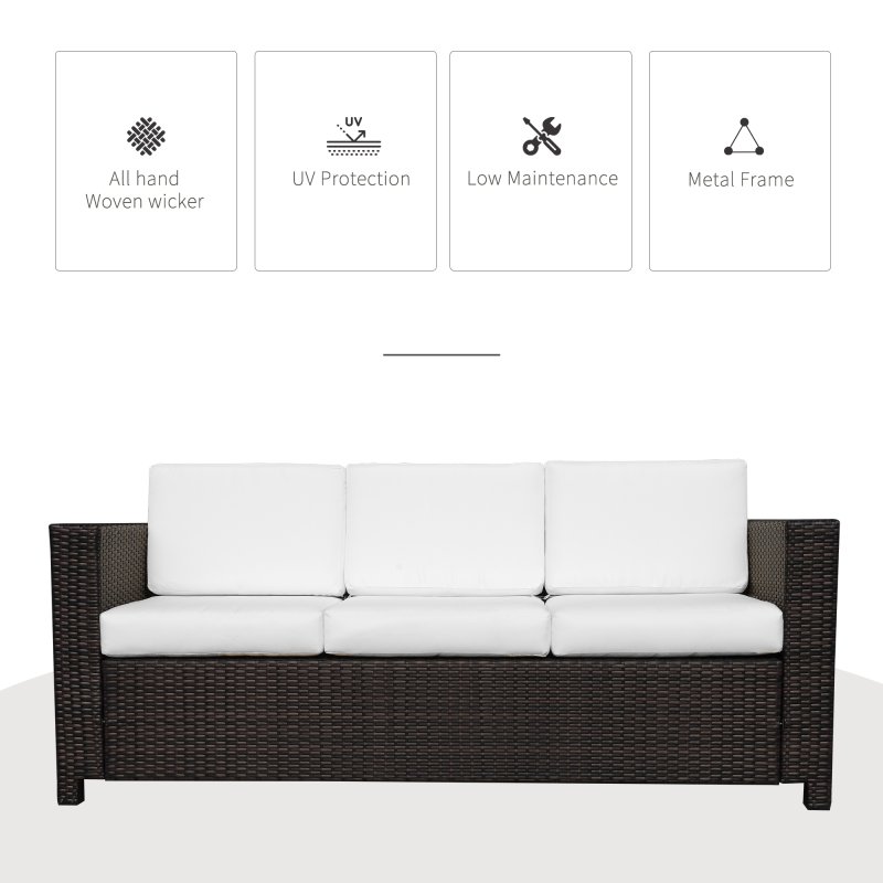 Outsunny 3 Seater Rattan Sofa with 10 cm Thick Padded Cushion, All-Weather PE Wicker Weave Garden Three-seater Bench with Armrests, Brown