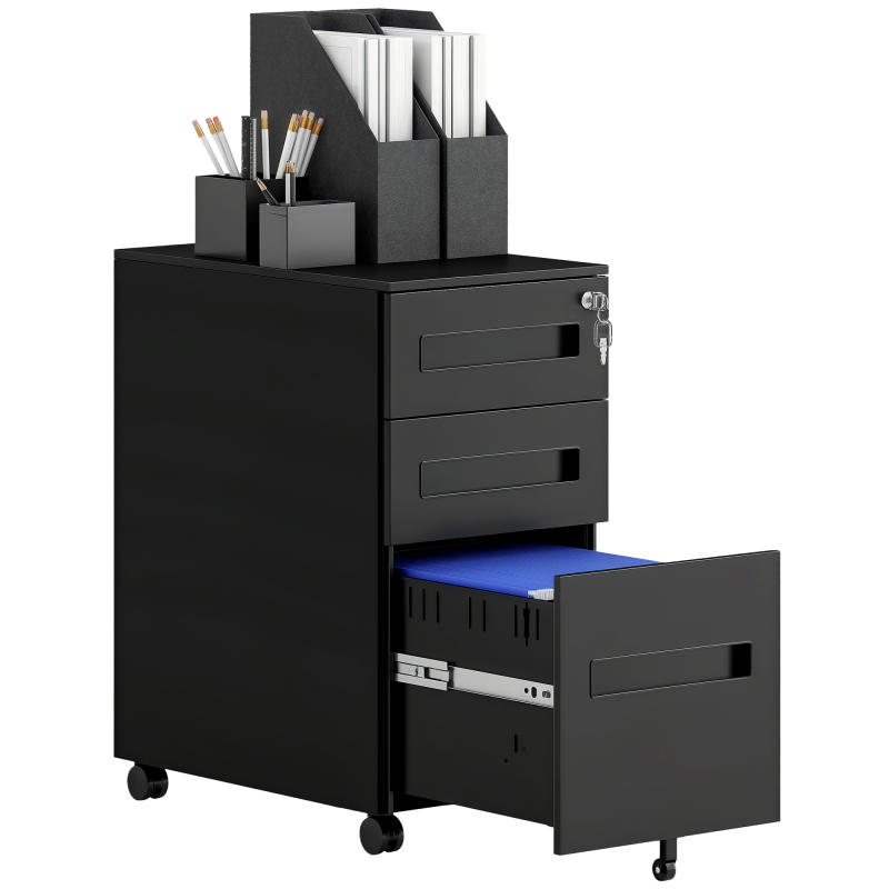 Vinsetto Metal Mobile File Cabinet with Wheels, Lockable 3 Drawer Filing Cabinet for A4, Legal, Letter, Compact Under Desk Storage Unit with Pre-Assembled Body for Home Office, 30 x 43.5 x 60cm, Black