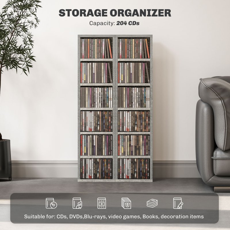 HOMCOM 204 CD Media Display Shelf Unit Set of 2 Blu-Ray Tower Rack w/ Adjustable Shelves Bookcase Storage Organiser, Cement Grey