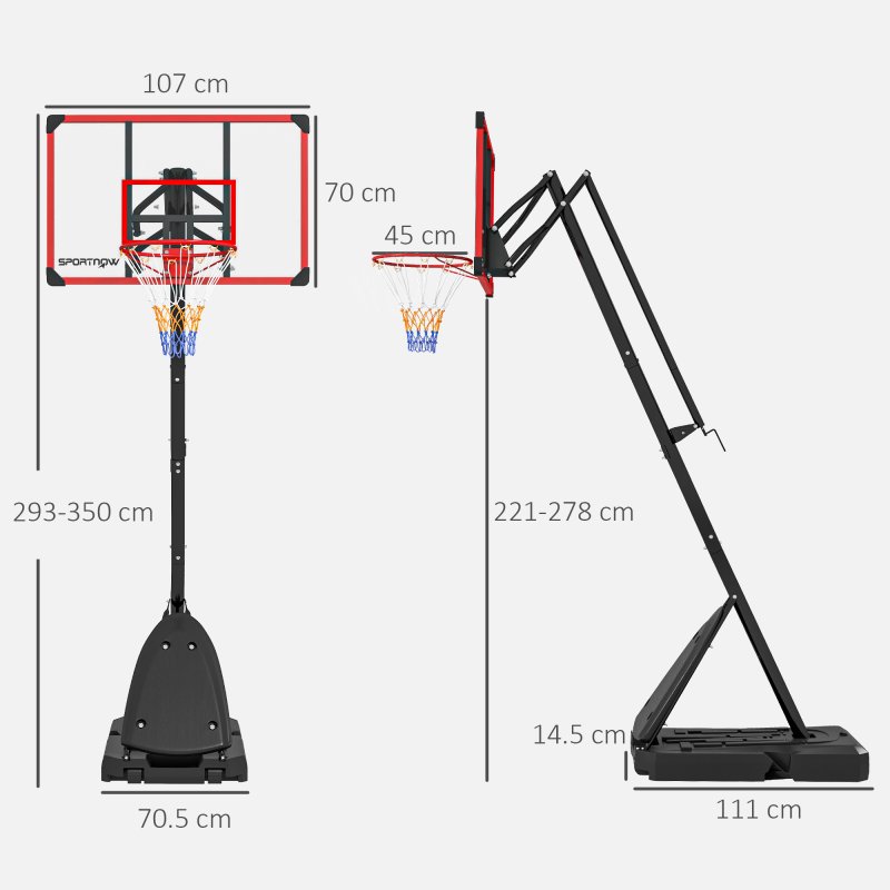 SPORTNOW Basketball Hoop Outdoor, Height Adjustable Basketball Hoop and Stand with Weighted Base, Portable on Wheels, 2.4-2.9m, Red