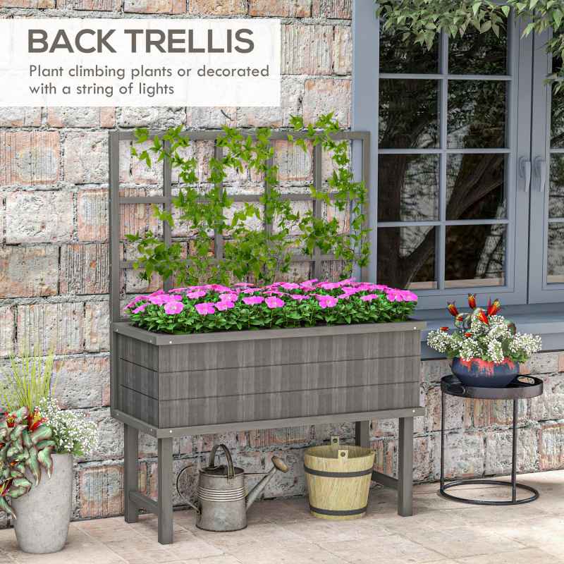 Outsunny Wooden Raised Planter with Trellis for Vine Climbing Plants, Elevated Garden Bed with Drainage Holes and Bed Liner for Vegetables, Flowers, Herbs, 105 x 45 x 140cm, Grey