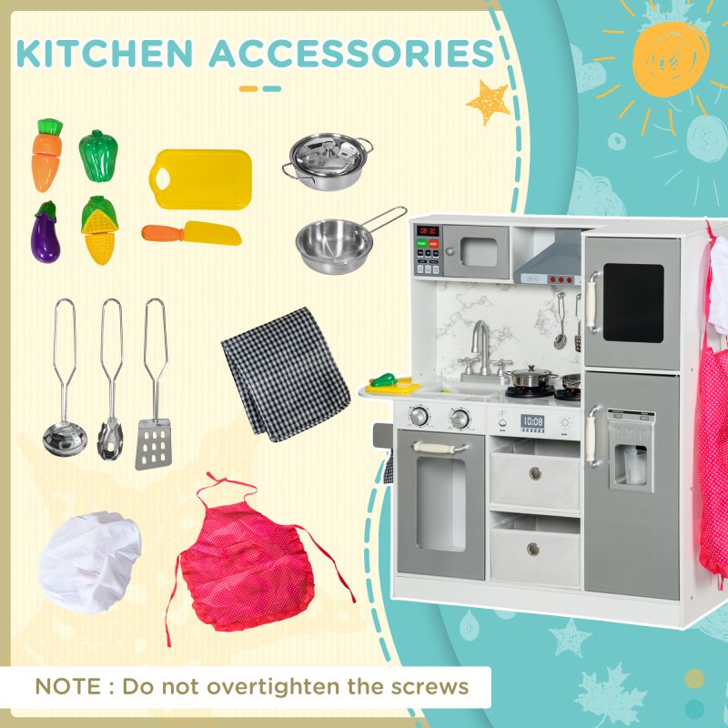 AIYAPLAY Wooden Play Kitchen Kids Toy Kitchen Playset Role Playing Game with Lights, Sounds, Apron and Chef Hat, Ice Maker, Microwave, Range Hood, Utensils, Cuttable Food, for Ages 3-6 Years - White