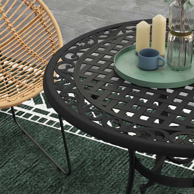 Outsunny Garden Table with Parasol Hole, 90cm Round Outdoor Dining Table for 2-4, Cast Aluminium Bistro Coffee Table for Balcony - Black