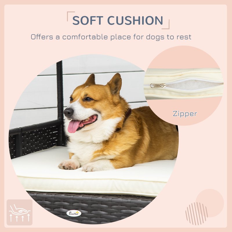 PawHut Wicker Dog Bed, Elevated Rattan Dog House with Removable Cushion and Canopy, for Small and Medium Dogs, 98 x 69 x 70cm - Cream