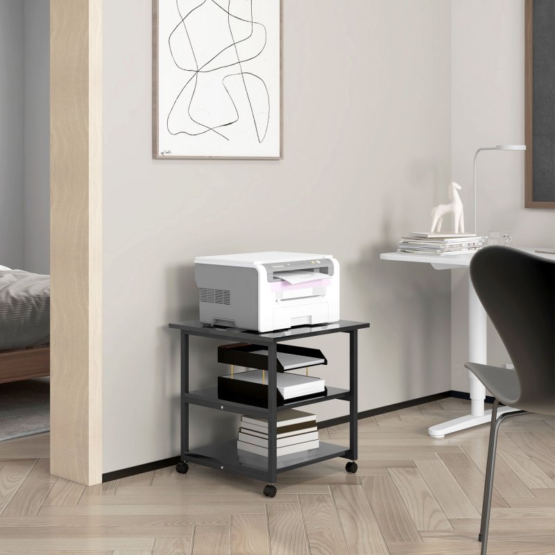 HOMCOM 3-Tier Printer Stand with Storage Shelf, Mobile Printer Table on Wheels, 50 x 50 x 52.5cm Rolling Printer Cart for Home Office, Black