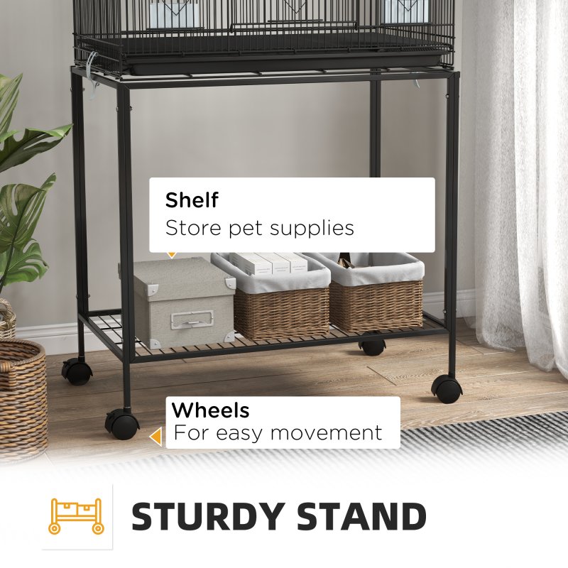 PawHut 2 Tier Bird Cage, Budgie Cage with Stand, Swing, Rope, Ladder, Wheels, Shelf, Tray, Perches, Food Containers, for Canaries, Lovebirds, Finches