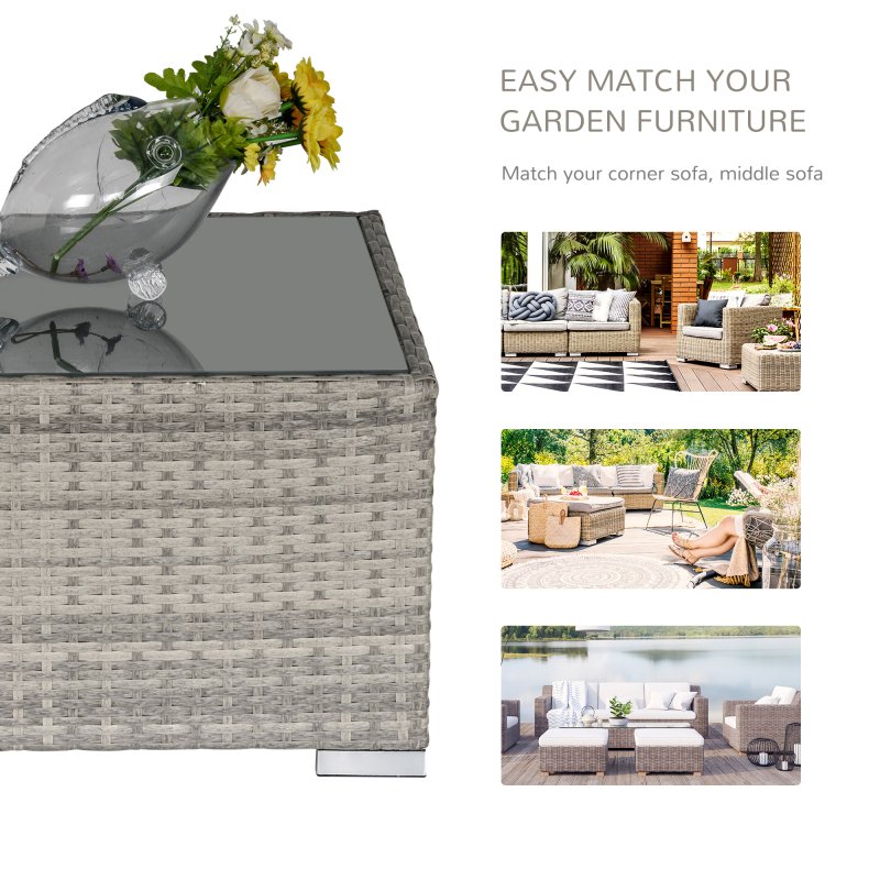 Outsunny Rattan Garden Coffee Table, 65 cm Square Garden Rattan Table with Tempered Glass Top, All-Weather Wicker Bistro Outdoor Furniture for Patio, Balcony, Porc, Grey
