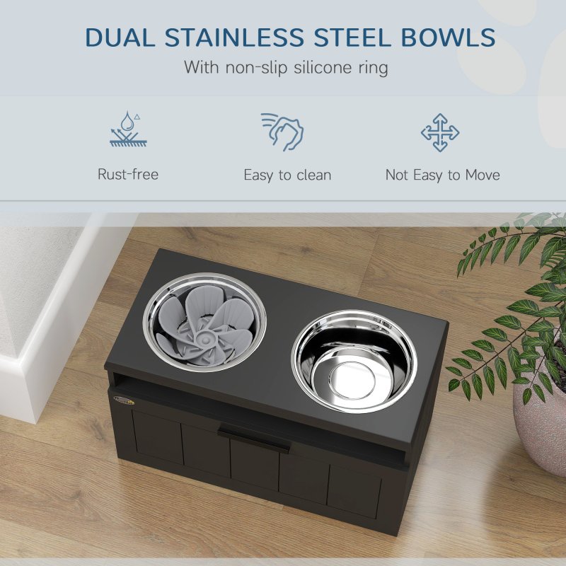 PawHut Raised Dog Bowl, Elevated Pet Bowls with Slow Feeder, Two Stainless Steel Bowls, Drawer, for Large & Extra Large Dogs, Black